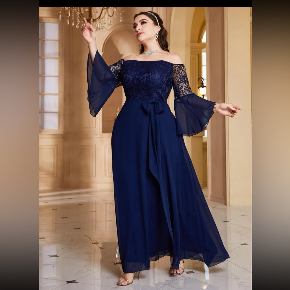 Plus Off Shoulder Contrast Lace Trumpet Sleeve Knot Chiffon Prom Dress